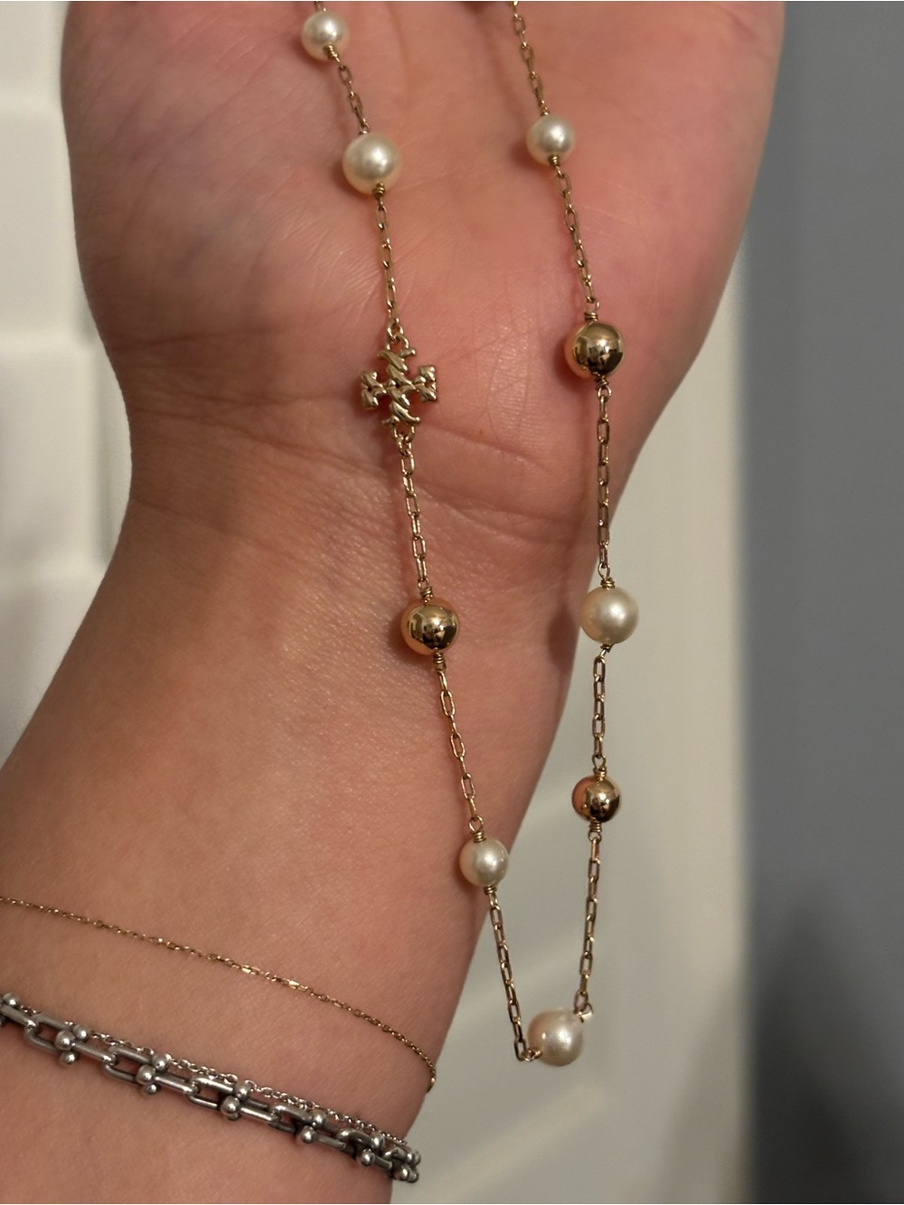 Tory Burch Pearl and gold ball necklace